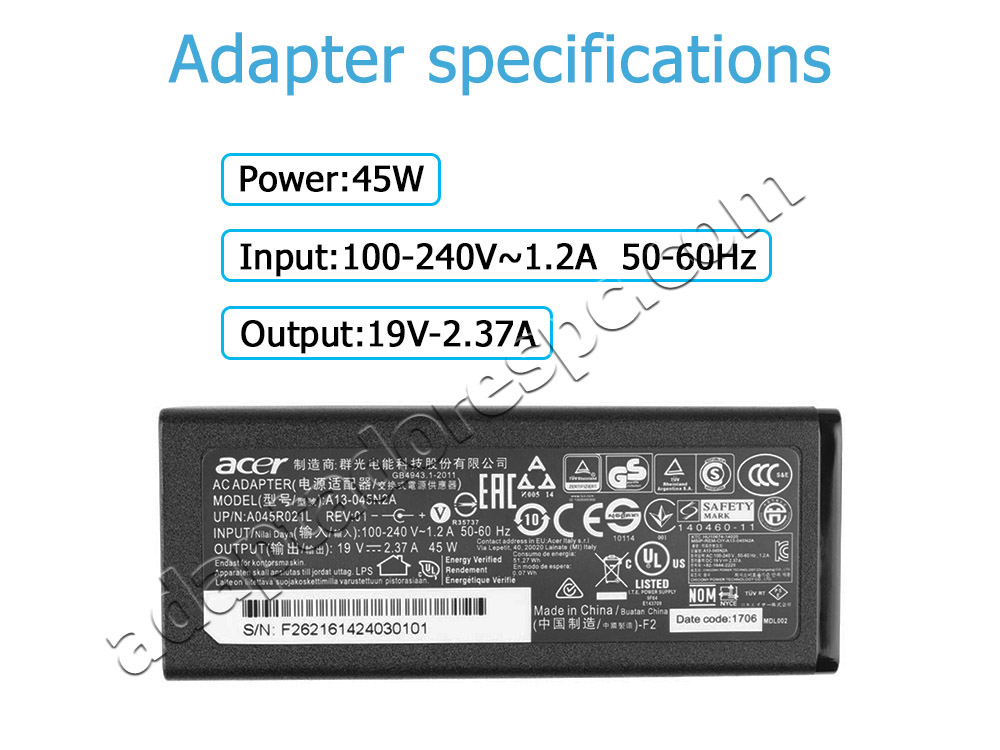 Original 45W Acer N16Q15 Adaptador AC Carregador + Cabo