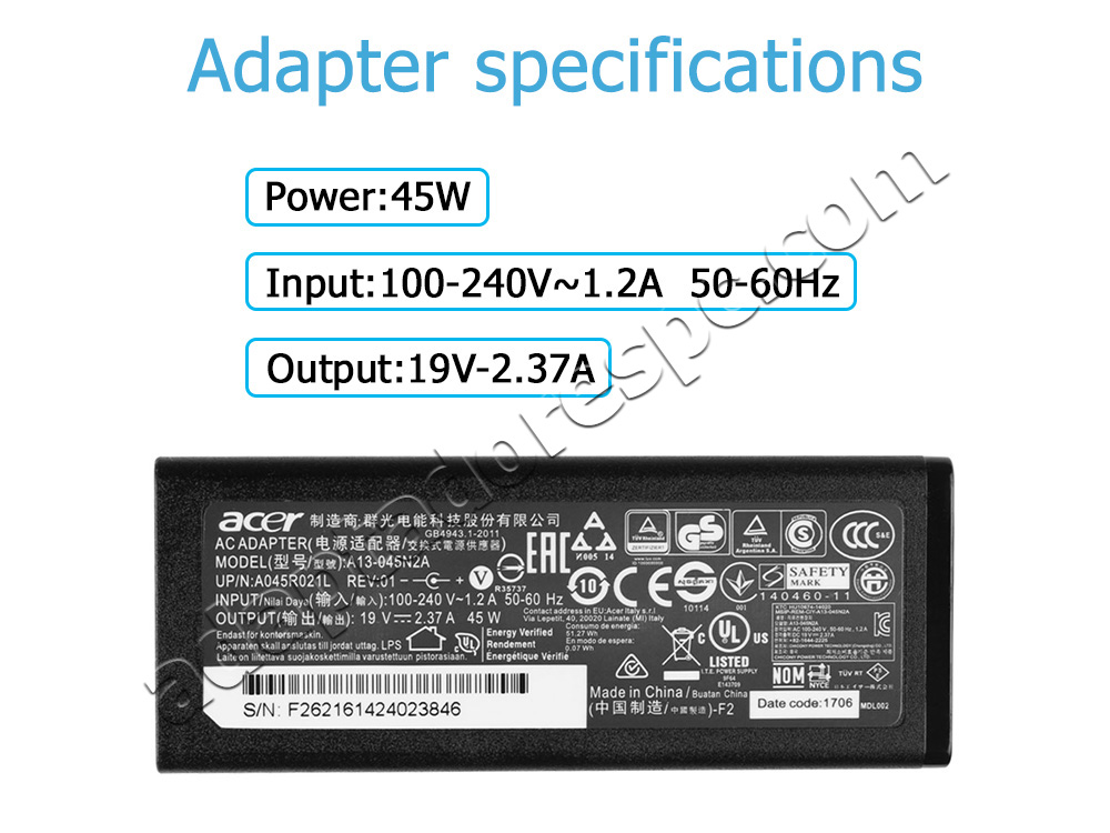 45W Adaptador AC Carregador Packard Bell EasyNote LG71BM-P75M