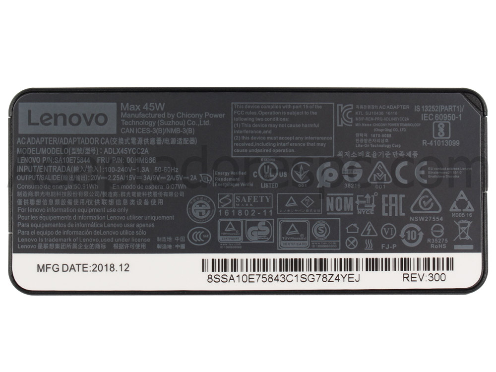 45W Lenovo 00HM663 Adaptador AC Carregador