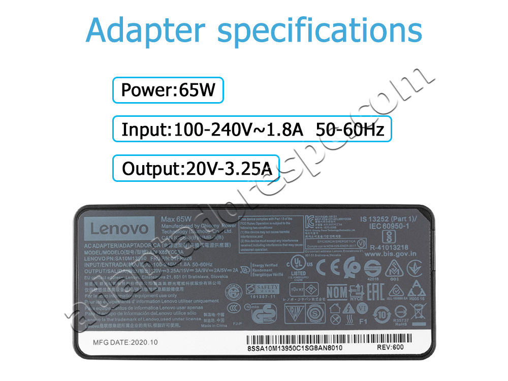 Original Carregador Lenovo 01FR024 3.25A USB-C 65W AC Adaptador