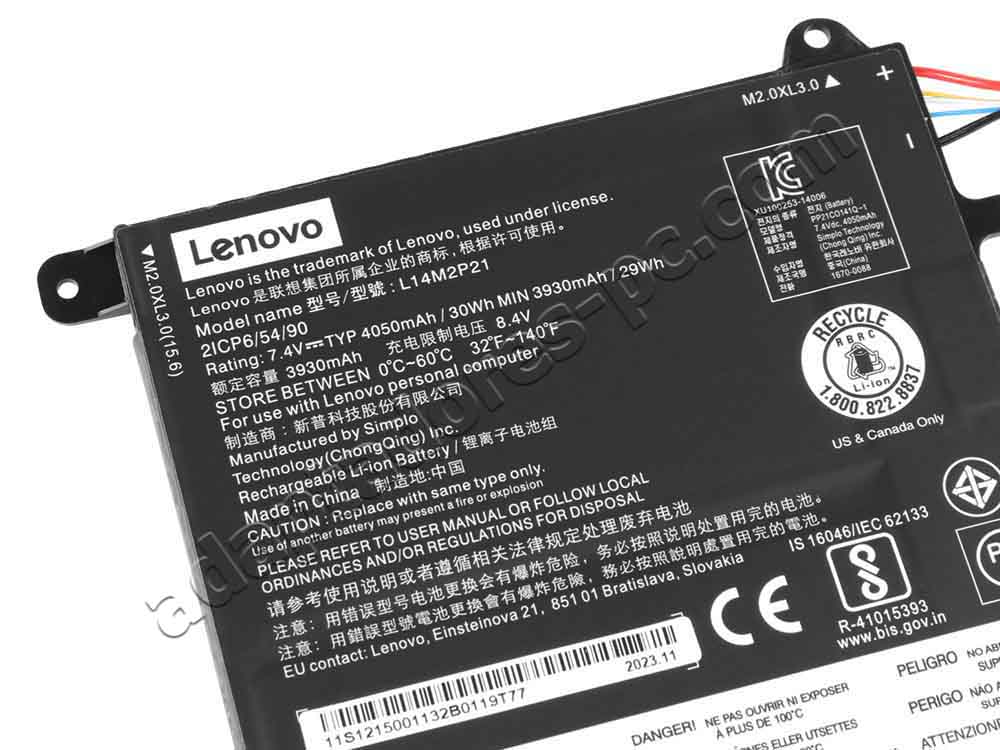 Original Bateria Lenovo L14L2P21 L14M2P21 30Wh 4050mAh